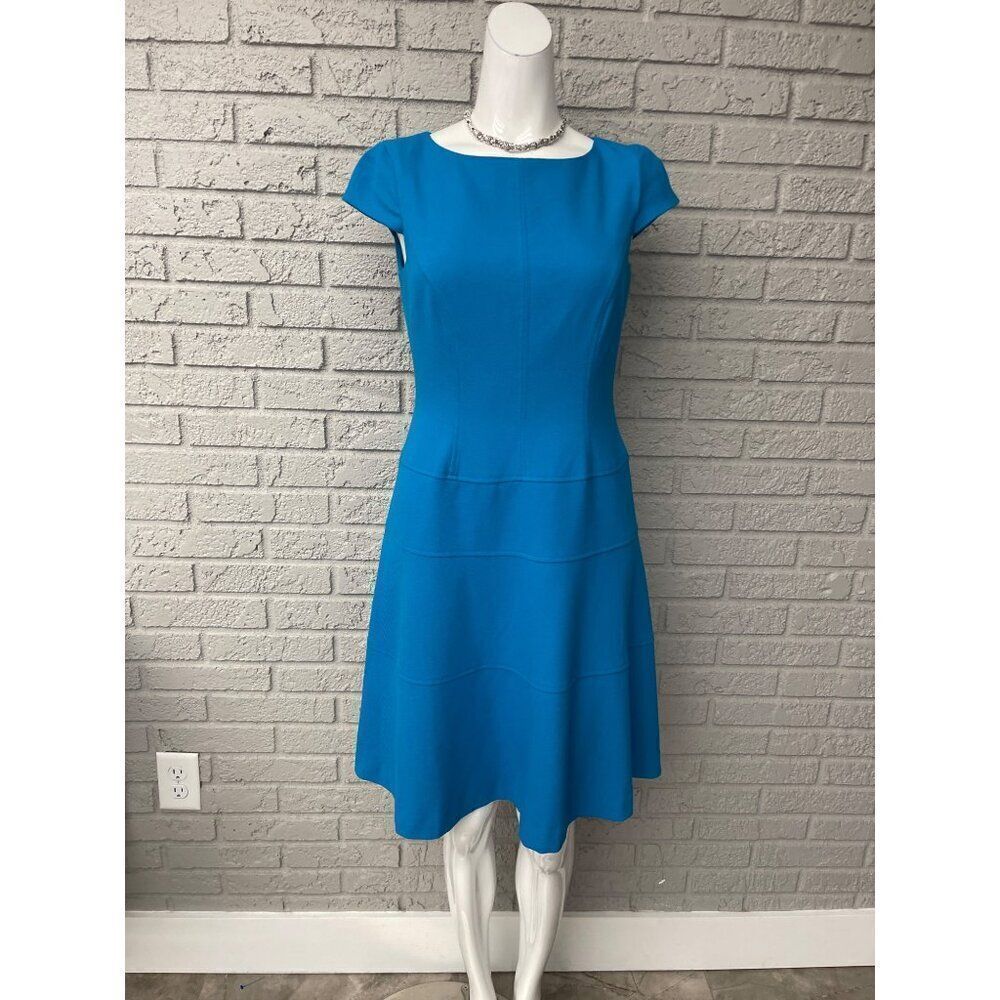 Anne Klein Women Blue Textured Cap Sleeve Fit & Flare Dress Size 2